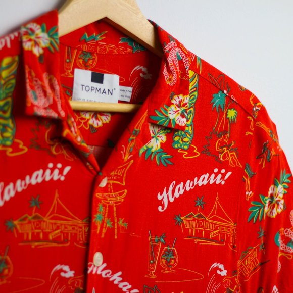 Topman Red Hawaiian Logo Button Up Short Sleeve Shirt - Picture 1 of 4